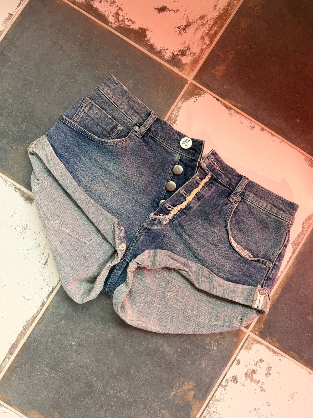 One Teaspoon Bandits Blue High Waist Button-Front Denim Shorts
